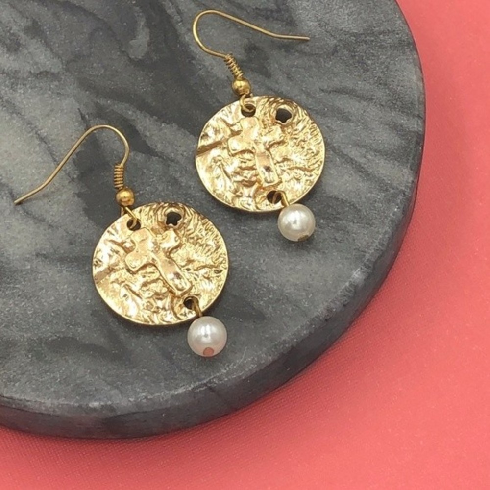 🌼 Ancient Cross Coin Replica Gold Dangle Earrings